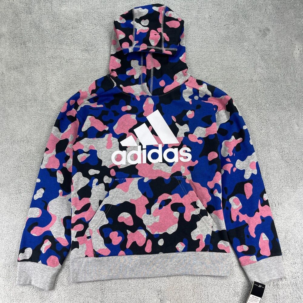 Adidas Hoodie Boys M (10-12) Blue Pink Camouflage Fleece Lined Kangaroo‎ Pocket